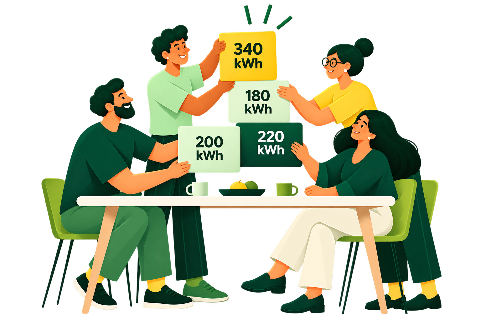 Grupo diverso de pessoas comparando o consumo de energia em kWh